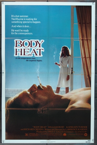 BODY HEAT (1981) 3543 Movie Poster  Kathleen Turner  William Hurt  Richard Crenna  Mickey Rourke  Ten Danson  Lawrence Kasdan Original Warner Brothers One Sheet Poster (27x41).  Folded.  Modern Noir  Near Mint.