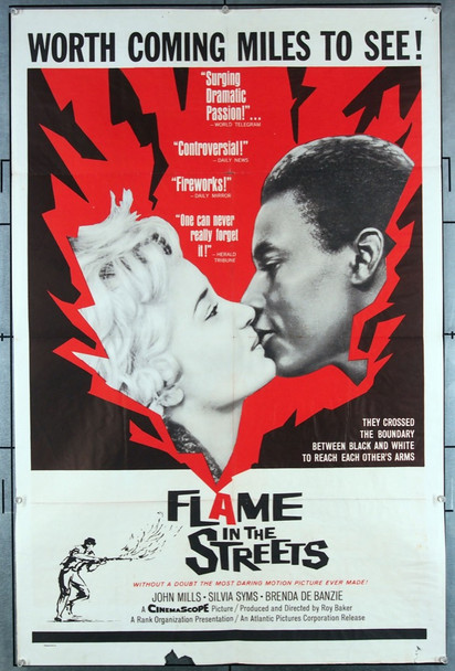 FLAME IN THE STREETS (1961) 4096 Movie Poster (27x41)  John Mills  Sylvia Syms  Roy Ward Baker Rank Studios American One Sheet Poster (27x41).  Folded.   Very Good Condition