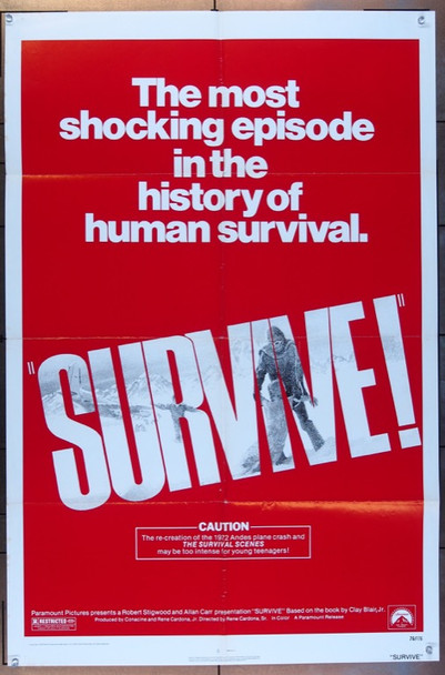 SURVIVE! (1976) 3196 Movie Poster  Rene Cardona Jr  Pablo Ferrel  Hugo Stiglitz   Paramount Original One Sheet Poster (27x41).  Folded.  Very Fine Condition.