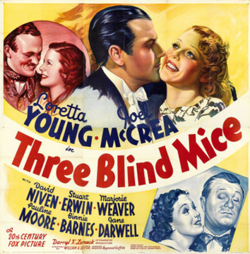 THREE BLIND MICE (1938) 9879    LORETTA YOUNG   JOEL MCCREA Original 20th Century-Fox Six Sheet Poster (81x81).  Folded.  Very Fine Condition.