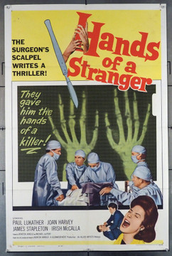 HANDS OF A STRANGER (1962) 11014    Medical Horror Movie Allied Artists Original U.S. One-Sheet Poster (27x41) Folded  Fine Plus Condition