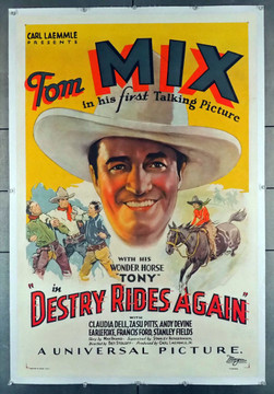 DESTRY RIDES AGAIN (1932) 28845  Movie Poster  Classic Tom Mix (27x41)  Superb  One-Sheet   Tom Mix  Claudia Dell  Zasu PItts  Stanley Fields  Francis Ford   Benjamin Stoloff Universal Pictures Original U.S. One-Sheet Poster (27x41) Linen Backed  Very Fine Condition