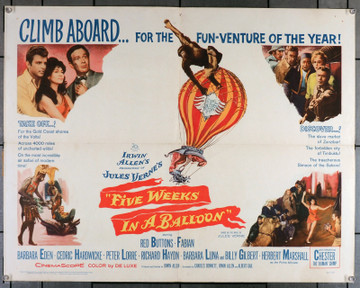 FIVE WEEKS IN A BALLOON (1962) 7539  Movie Poster   Jules Verne story stars Red Buttons Peter Lorre  Fabian   Barbara Eden Original U.S. Half-Sheet Poster (22x28) Folded  Fine Plus Condition