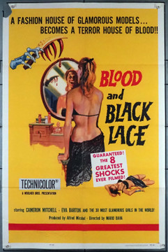 BLOOD AND BLACK LACE (1965) 4732  Eva Bartok  Cameron Mitchell  Mario Bava Woolner Brothers Original One Sheet Poster   27x41  Folded  Theater Used Good Plus Condition