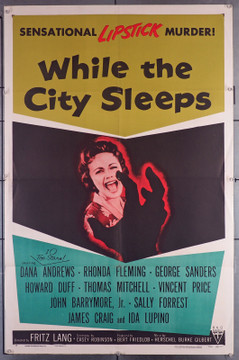 WHILE THE CITY SLEEPS (1956) 7388 Movie Poster (27x41)  Fritz Lang Directed  RHONDA FLEMING  DANA ANDREWS  IDA LUPINO  GEORGE SANDERS Original U.S. One-Sheet Poster (27x41)  Folded  Fine Condition