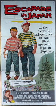 ESCAPADE IN JAPAN (1957) 13584  Arthur Lubin  Teresa Wright  Cameron Mitchell  Jon Provost  Roger Nagakawa  Movie Poster Universal-RKO Original Three Sheet Poster  (41x81) Folded  Average Used - Good Condition