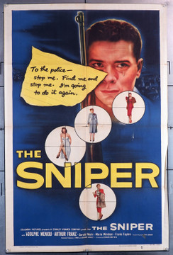 SNIPER, THE (1952) 4067  Movie Poster (27x41) Theater Used  Very Good Condition  Arthur Franz  Adolphe Menjou  Edward Dmytryk   Film Noir THE SNIPER. Original Columbia Pictures One Sheet Poster (27x41). Folded Fine Condition  ARTHUR FRANZ  ADOLPHE MENJOU   EDWARD DMYTRYK Director
