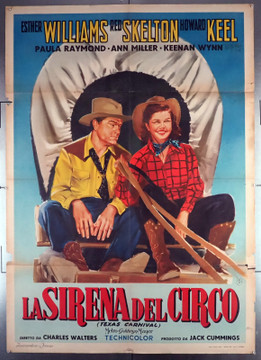 TEXAS CARNIVAL (1951) 28123 Movie Poster  Italian 39x55  Folded  Red Skelton  Esther Williams  Howard Keel  Charles Walters Original Italian Poster (39x55)  Folded  Very Good Plus to Fine Condition  Theater-Used