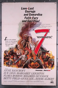 7 WOMEN (1966) 11212 Movie Poster (27x41) Folded  Average Used Condition  Anne Bancroft  Sue Lyon  Flora Robson  Woody Strode  Anna Lee  Margaret Leighton  Mildred Dunnock  Betty Field   John Ford  Art by Reynold Brown Original U.S. One-Sheet Poster (27x41) Folded  Average Used