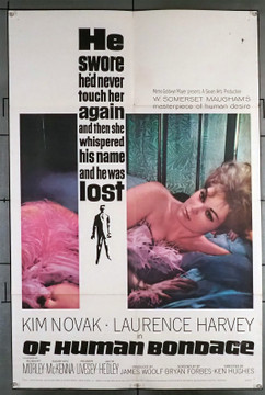 OF HUMAN BONDAGE (1964) 11406  Movie Poster (27x41) Kim Novak  Laurence Harvey  Ken Hughes Original U.S. One-Sheet Poster (27x41) Folded  Fair to Good Condition