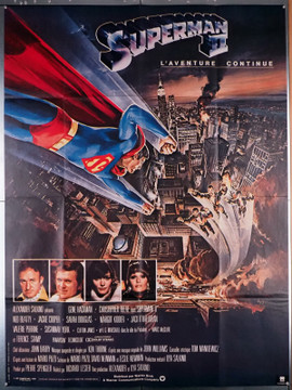 SUPERMAN II (1981) 1748  French Commercially Prepared Poster  Dates from the 1980s  Christopher Reeve  Gene Hackman  Margot Kidder  Jackie Cooper  Valerie Perrine   Richard Lester French 47x63 Commericially prepared Poster   Dates from teh 1980s.  Folded