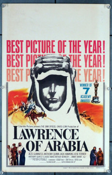 LAWRENCE OF ARABIA (1962) 31024  Movie Poster  (14x22)  Peter O'Toole  Omar Sharif  Jack Hawkins  Anthony Quinn  Claude Rains  Alec Guinness  David Lean Original U.S. Window Card (14x22) Academy Award Style  Folded Once