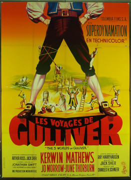 THE THREE WORLDS OF GULLIVER (1960) Movie Poster  French 47x63  Kerwin Matthews  Jo Morrow  Ray Harryhausen  Jack Sher  Art by Jean Mascii Original Colombia Pictures French Re-Release One Panel (47x63). Folded. Very fine condition.