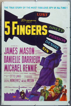 5 FINGERS (1952) 11057 20th Century Fox One Sheet Poster    27x41  Folded    Very Good.