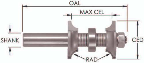 1-3/8˝ x 1/2˝ Carbide Tipped Double Round Over Router Bit 1/4 Radius