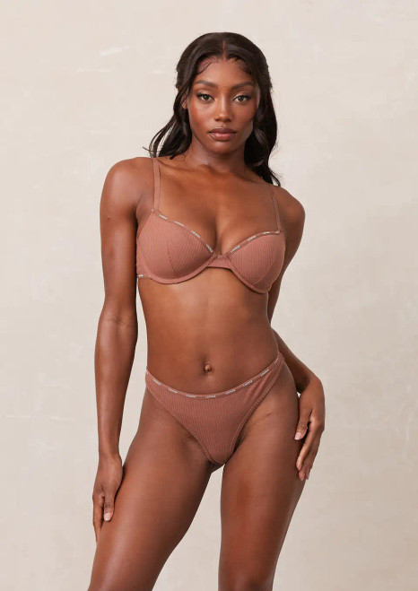 Soft ribbed cotton T Shirt bra in Mocha, front