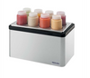 
Server 87360 Description

Use the Server 87360 mobile bottle station on a buffet line or finishing station. This station measures 14 1⁄8 inches wide and 11 inches high—a compact size ideal for tight spaces. Usually located in high-traffic spaces, the station’s stainless steel construction enhances strength. The brushed finish hides fingerprints and wear through use, though it still requires regular cleaning.

The interior of the Server 87360 countertop bottle squeeze station features a contrasting black plastic interior, and it fits a lid cutout with eight total slots. The base, lid cutout, and open frame work to facilitate cold air while also providing insulation. This simple station ships with a total of eight 16-ounce bottles featuring wide-mouth openings and four universal ice packs.