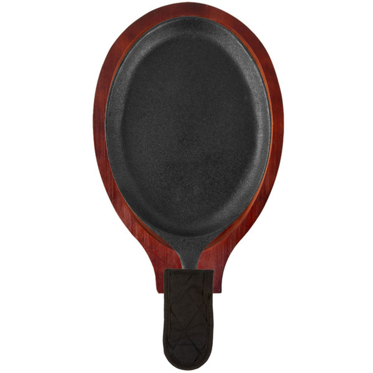 Cast Iron Fajita Pan Set with Mahogany Wood Serving Underliner and Black Cotton Handle Cover-9 1/4" x 7" Oval 