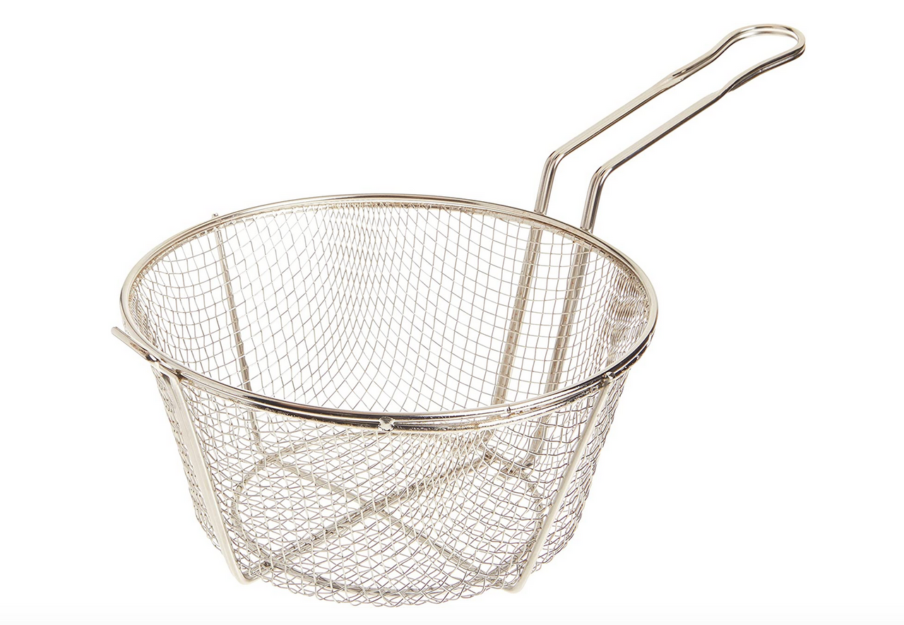Nickel-Plated Medium Mesh Fry Basket with Front Hook-9 1/2" Round 