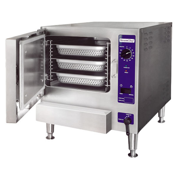 The Cleveland 22CET3.1 SteamChef 3-Pan Electric Boilerless Convection Steamer is the perfect solution for busy commercial kitchens. This steamer delivers high-quality results quickly and efficiently. It features a 208/240V electric system, three full-size 12” x 20” pans, and a boilerless design that eliminates the need for a steam generator and pipes.

The Cleveland SteamChef 3-Pan Electric Boilerless Convection Steamer has incredible temperature control capabilities and cooks vegetables, rice, seafood, pasta, and other foods to perfection. It has a manual timer with a 10-minute maximum and an audible signal, as well as a 60-minute mechanical timer. It is easy to clean and maintain, and it saves time and energy with its powerful performance and fast steam recovery.

This commercial steamer is built for long-term use. It has a heavy-duty stainless steel cabinet and removable doors for easy access and cleaning. It is designed with a bump-up control system that prevents steam from escaping and a recessed control panel that prevents accidental contact with the controls.

The Cleveland 22CET3.1 SteamChef 3-Pan Electric Boilerless Convection Steamer is the perfect choice for commercial kitchens that need a powerful and efficient steamer. Its boilerless design and 208/240V electric system make it ideal for high volume use, and its fast steam recovery and temperature control capabilities make it easy to prepare delicious food quickly.