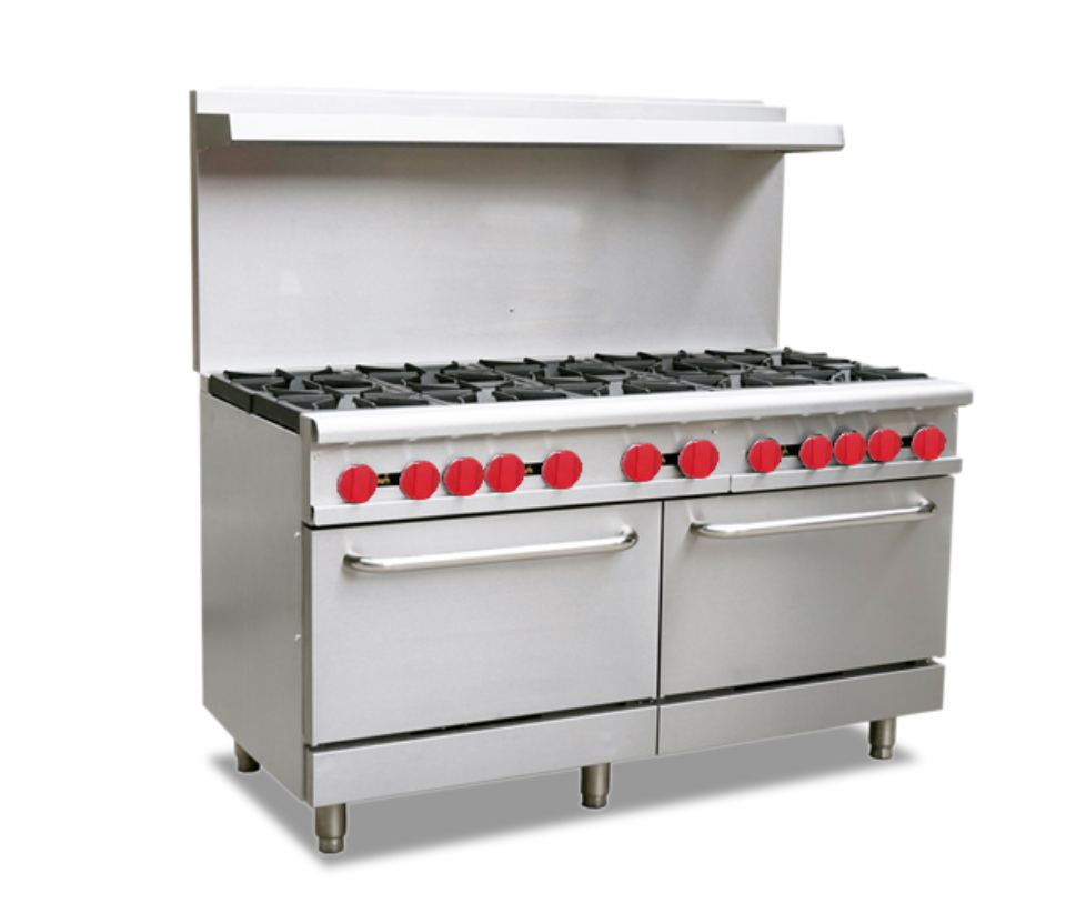 Add an invaluable cooking appliance to your commercial kitchen with this 60" Gas Range, (10) Open Burners and (2) 26-1/2" Ovens. Boasting 10 open burners (32,000 BTU/each) this restaurant range is made to stand up to the demands of any busy commercial kitchen while it's exceptionally durable cast iron grates can stand up to heavy-duty commercial use. As an added benefit, this range features a drip tray beneath the burners that catches excess oil drippings.