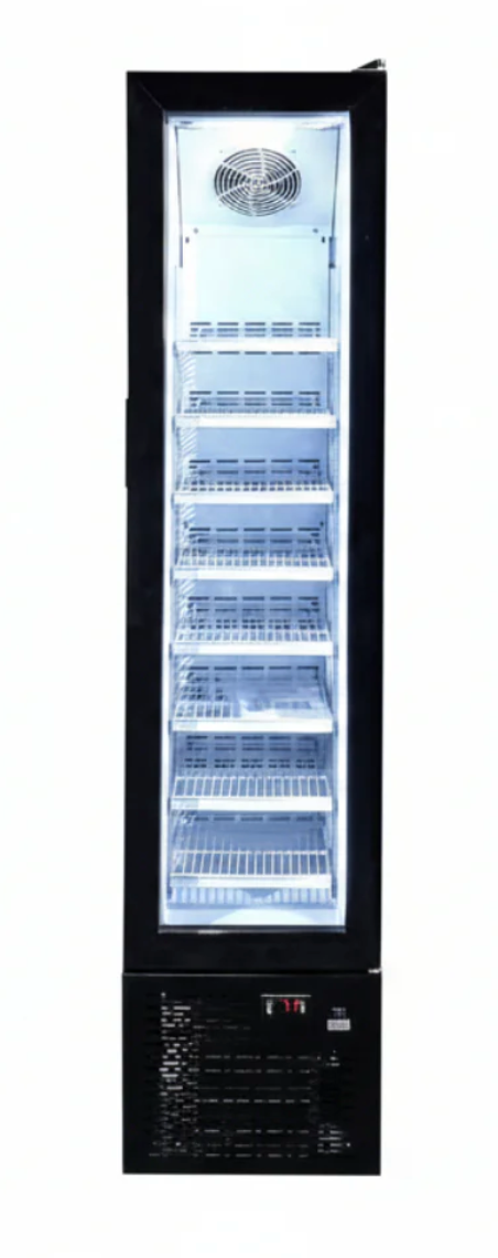 Product Overview
Its slim size makes this an ideal cooler for places with limited space.

Spacious glass door refrigerator crafted with enduring quality. The sleek design features innovative technology, high-efficiency components, and the most attractive product display in its category. Slim size refrigerated display glass door merchandiser, ideal for promotions or impulse new products. Designed for places with limited space.

FEATURES:
• Efficient Refrigeration - R290A refrigerant, combined with a compressor, keeps your food and beverages chilled and ready for sale

• Electronic Temperature Controller - Assures the optimal performance of the cooler, delivering product temperature ideal for consumption.

• Sleek Design - This unit features a sturdy frame crafted from black-painted steel, designed to complement any environment. Its clear glass door provides full visibility of the contents while maintaining a tight seal to conserve energy and keep cold air inside. 
Specifications
Model Number 	47241
Width 	16.50 Inches
Depth 	17 Inches
Height 	69 Inches
Interior Dimensions 	11 x 12 x 50 Inches
Voltage 	110 V
Hertz 	60 Hz
Phase 	1 Ph
Wattage 	180 W
Capacity 	105 L | 3.7 Cu. Ft.
Number of Doors 	1
Door Type 	Tempered Glass
Number of Shelves 	6
Refrigerant Type 	R290A
Exterior Material 	Metal Plate
Interior Material 	ABS
Product Type 	Display Freezer