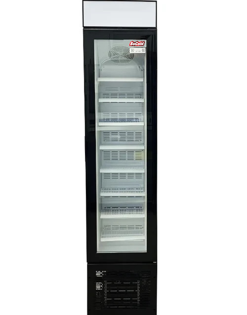 Product Overview
Its slim size makes this an ideal cooler for places with limited space.

Spacious glass door refrigerator crafted with enduring quality. The sleek design features innovative technology, high-efficiency components, and the most attractive product display in its category. Slim size refrigerated display glass door merchandiser, ideal for promotions or impulse new products. Designed for places with limited space.

FEATURES:
• Efficient Refrigeration - R290A refrigerant, combined with a compressor, keeps your food and beverages chilled and ready for sale

• Electronic Temperature Controller - Assures the optimal performance of the cooler, delivering product temperature ideal for consumption.

• Sleek Design - This unit features a sturdy frame crafted from black-painted steel, designed to complement any environment. Its clear glass door provides full visibility of the contents while maintaining a tight seal to conserve energy and keep cold air inside. 
Specifications
Model Number 	47241
Width 	16.50 Inches
Depth 	17 Inches
Height 	69 Inches
Interior Dimensions 	11 x 12 x 50 Inches
Voltage 	110 V
Hertz 	60 Hz
Phase 	1 Ph
Wattage 	180 W
Capacity 	105 L | 3.7 Cu. Ft.
Number of Doors 	1
Door Type 	Tempered Glass
Number of Shelves 	6
Refrigerant Type 	R290A
Exterior Material 	Metal Plate
Interior Material 	ABS
Product Type 	Display Freezer