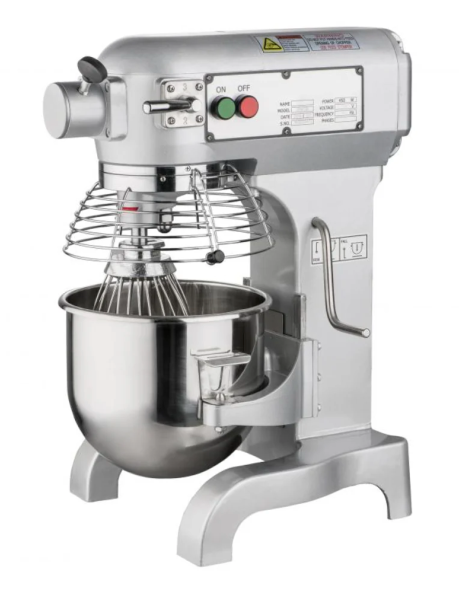 The 10 Qt. Standard-Duty Planetary Stand Mixer with Guard is a versatile and efficient equipment designed for the demands of a small to medium-volume kitchen. Ideal for cafes, bakeries, and pizzerias, this mixer's 10 qt. capacity allows you to mix, knead, and whip a variety of ingredients in a single batch. It comes standard with a durable dough hook, whisk, and beater, making it a powerful solution for tasks ranging from kneading thick dough to whipping light cream.

Features a mixing action that ensures every part of your mixture is thoroughly incorporated for consistent results. The heavy-duty metal body and gear-driven transmission provide long-lasting performance in a commercial setting. For a secure operation, it is equipped with an integrated safety guard and a microswitch that prevents the motor from running unless the guard is properly in place.

This stand mixer is a valuable asset that contributes to a more productive and organized workspace. Its easy-to-use controls and included attachments simplify repetitive tasks, which helps to save on labor and prep time. By providing a dependable and safe solution for your mixing needs, the 10 Qt. Standard-Duty Planetary Stand Mixer with Guard - 20467 allows your staff to focus on other key duties while consistently producing high-quality food.