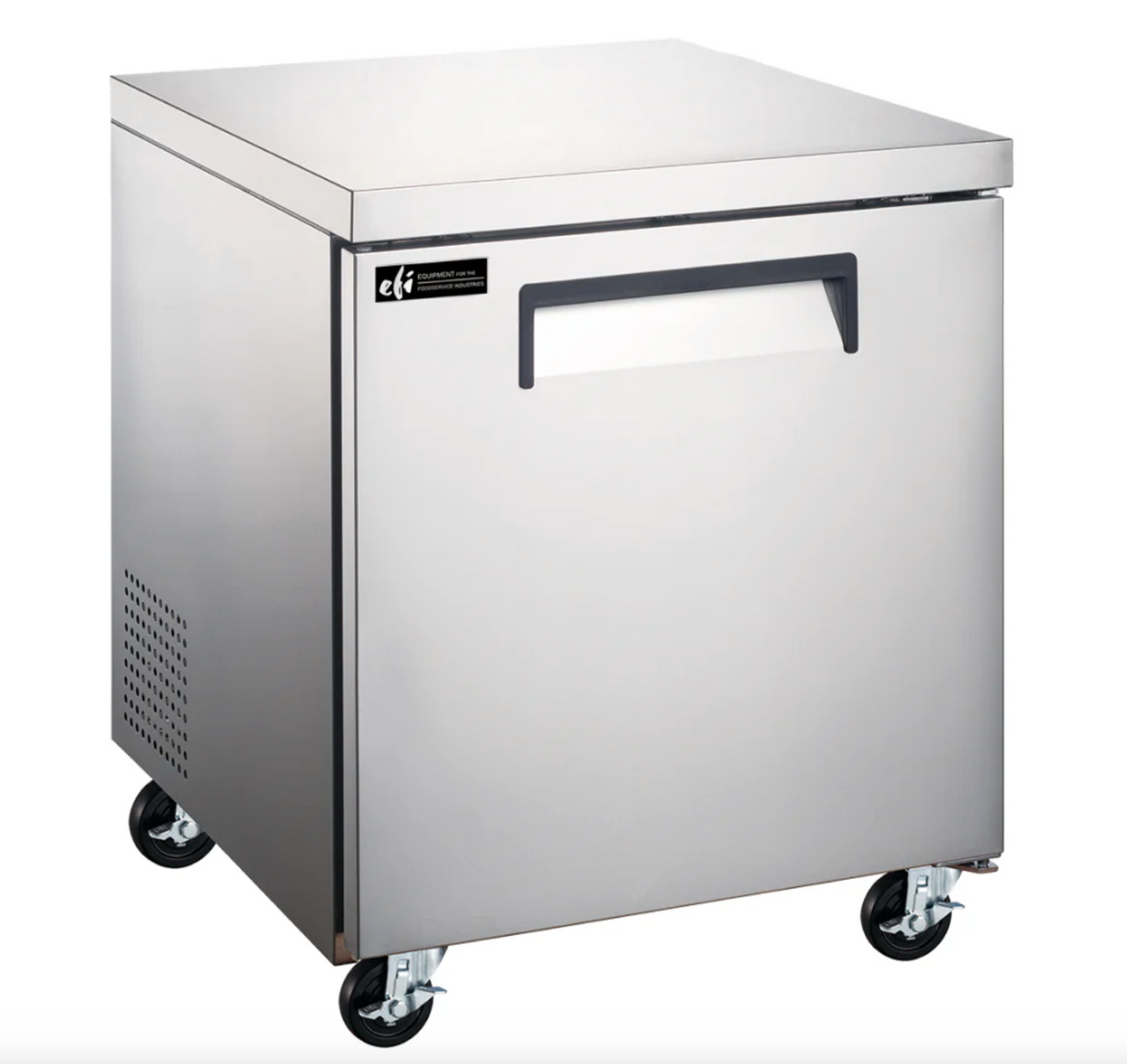 Features:
• Stainless steel interior and exterior, aluminum
back
• Rounded corner design inside the cabinet for
easy cleaning
• Self-closing left swing door w/90°stay open
feature
• Heavy duty recessed pull handles
• Adjustable/removable plastic coated wire
shelves
• R290 refrigeration system holds -8°F to 0°F
(-22°C to -18°C)
• Electronic control system makes it easy to adjust
temperature set point and defrost frequency
• Casters with brakes for easy movement
• Easy to access condenser coil for cleaning and
service
Warranty:
• Two year parts and labour; Five years on
compressor.