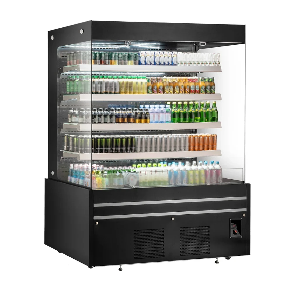 The EFI CGOMB-7280 72" Black Straight Refrigerated Open Air Merchandiser is an essential display solution for supermarkets, convenience stores, and high-traffic retail environments looking to maximize sales of fresh products. Its 72" footprint, combined with a generous 40.9 cu. ft. storage capacity, offers a powerful merchandising solution. The straight glass sides provide a clear, uninterrupted view, transforming prepared foods, beverages, and desserts into an enticing "grab-and-go" display that drives customer engagement.

This merchandiser features a powerful refrigeration system that consistently maintains a food-safe temperature, between 2°C ~ 10°C (36°F ~ 50°F). Its black exterior and robust stainless steel construction are built to withstand the high-traffic environment, ensuring long-lasting reliability and a modern appearance. Bright LED lighting brilliantly illuminates the interior, making products highly visible, while the innovative design promotes efficient airflow to keep goods perfectly chilled from top to bottom.

By seamlessly blending a stylish display with convenient self-service access, it elevates the customer's experience and supports a more streamlined workflow. The EFI CGOMB-7280 72" Black Straight Refrigerated Open Air Merchandiser - 40.9 Cu. Ft. provides a reliable and professional way for establishments to present their popular items, ensuring peak product freshness and reinforcing a commitment to quality and service.