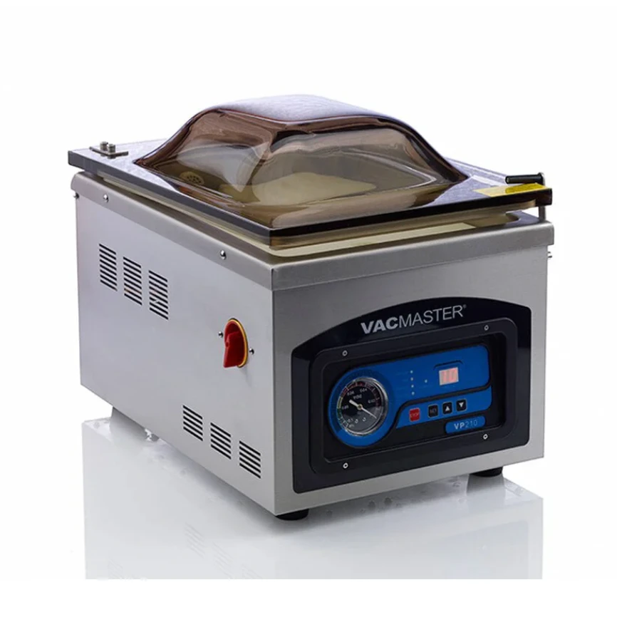 The VacMaster VP210 Chamber Vacuum Sealer is the professional choice for food vacuum packaging, can be used in the home kitchen or for commercial use. With chamber technology you can vacuum package liquids with ease, this machine is great for storing soups, stews and sauces. Offers a reliable and strong vacuum and seal featuring a maintenance-free pump that is built to last.

User-friendly vacuum chamber made to help with all your storage needs. The VP210 is ideal for home kitchens, small restaurants, and the recreational hunters and fishermen, and cooking sous vide. Keep food fresh longer and store scent-free.