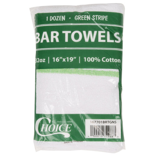 Cotton Bar Towel - 12/Pack-16" x 19" Green -Striped 32 oz. 100% 