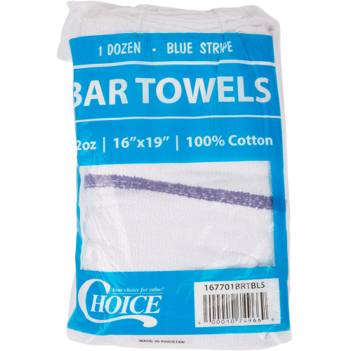 Choice 16 x 19 Blue Striped 32 oz. Cotton Bar Towel - 12/Pack