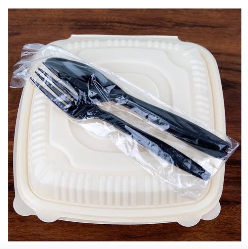 Wrapped Black Heavy Weight Plastic Cutlery Pack with Knife, Fork, and Spoon - 500/Case*