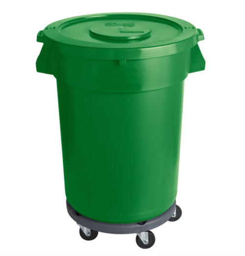 Commercial Trash Can with Lid and Dolly 32 Gallon Green