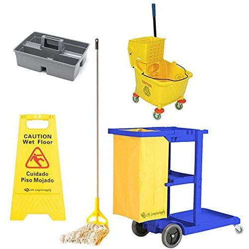 Lavex Black Janitor Cart and Microfiber Wet Mop Kit