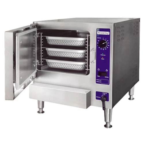 The Cleveland 22CET3.1 SteamChef 3-Pan Electric Boilerless Convection Steamer is the perfect solution for busy commercial kitchens. This steamer delivers high-quality results quickly and efficiently. It features a 208/240V electric system, three full-size 12” x 20” pans, and a boilerless design that eliminates the need for a steam generator and pipes.

The Cleveland SteamChef 3-Pan Electric Boilerless Convection Steamer has incredible temperature control capabilities and cooks vegetables, rice, seafood, pasta, and other foods to perfection. It has a manual timer with a 10-minute maximum and an audible signal, as well as a 60-minute mechanical timer. It is easy to clean and maintain, and it saves time and energy with its powerful performance and fast steam recovery.

This commercial steamer is built for long-term use. It has a heavy-duty stainless steel cabinet and removable doors for easy access and cleaning. It is designed with a bump-up control system that prevents steam from escaping and a recessed control panel that prevents accidental contact with the controls.

The Cleveland 22CET3.1 SteamChef 3-Pan Electric Boilerless Convection Steamer is the perfect choice for commercial kitchens that need a powerful and efficient steamer. Its boilerless design and 208/240V electric system make it ideal for high volume use, and its fast steam recovery and temperature control capabilities make it easy to prepare delicious food quickly.