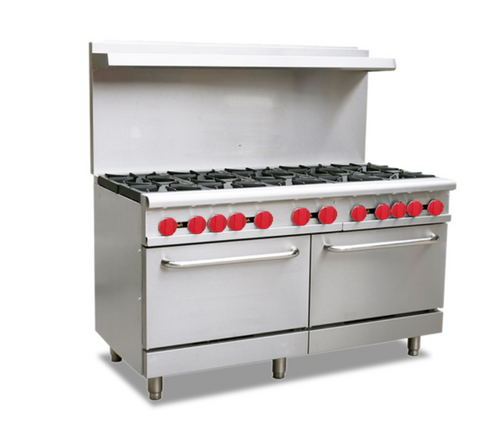 Add an invaluable cooking appliance to your commercial kitchen with this 60" Gas Range, (10) Open Burners and (2) 26-1/2" Ovens. Boasting 10 open burners (32,000 BTU/each) this restaurant range is made to stand up to the demands of any busy commercial kitchen while it's exceptionally durable cast iron grates can stand up to heavy-duty commercial use. As an added benefit, this range features a drip tray beneath the burners that catches excess oil drippings.