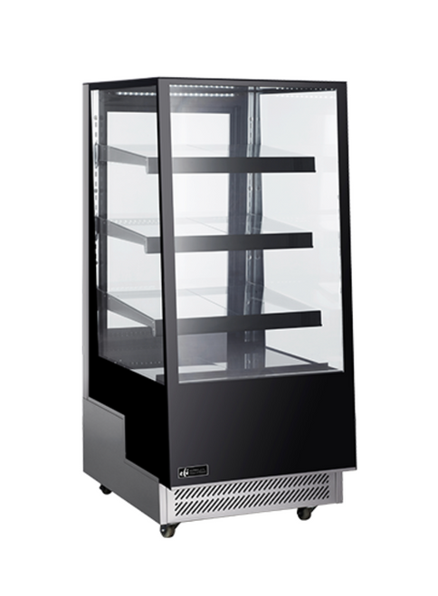 The EFI Sales 26" Black Refrigerated Display Case, model CGSM-2657, is a visually striking and highly functional addition to any retail or food service setting that requires a compact yet spacious solution for displaying chilled products. With its sleek black finish and brilliant LED lighting illuminating each of the three adjustable glass shelves, this unit not only preserves your items but also beautifully showcases them to enhance customer appeal.