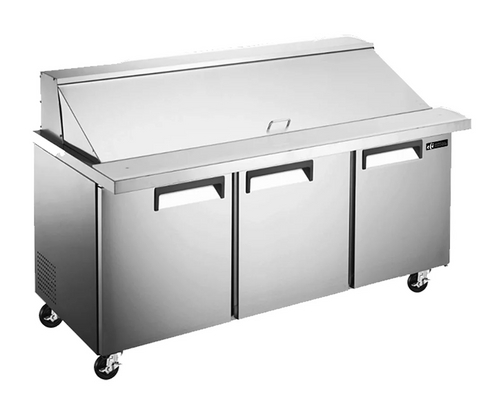 The EFI CMDR3-72VCX 72" X-Line Mega Top Refrigerated Sandwich Prep Table is the ultimate solution for high-volume commercial kitchens that require maximum prep space and refrigerated storage. With a generous 15.5 cu. ft. capacity, this 3-door prep table offers ample room for ingredients, along with a polyethylene cutting board and an enclosed condiment section—making it ideal for sandwich shops, delis, salad bars, and catering operations.

Crafted with a durable stainless steel interior and exterior, and designed with rounded corner interiors for easy cleaning, this unit is built to perform in demanding environments. The R290 refrigerant system keeps contents at food-safe temperatures between 33°F and 41°F (0.5°C to 5°C), while the insulated lid helps preserve freshness during long prep hours. Features such as adjustable/removable wire shelves, self-closing swing doors with a 90° stay-open function, error code diagnostics, and rear slide-out condenser access make this unit easy to use, maintain, and move—thanks to its heavy-duty casters.