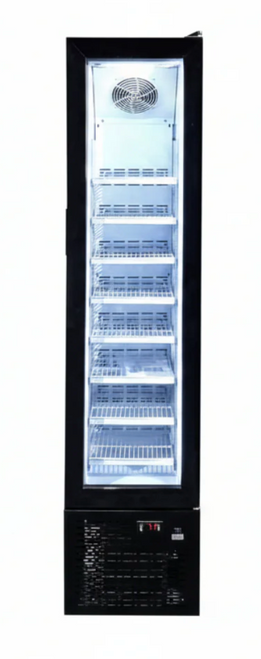 Product Overview
Its slim size makes this an ideal cooler for places with limited space.

Spacious glass door refrigerator crafted with enduring quality. The sleek design features innovative technology, high-efficiency components, and the most attractive product display in its category. Slim size refrigerated display glass door merchandiser, ideal for promotions or impulse new products. Designed for places with limited space.

FEATURES:
• Efficient Refrigeration - R290A refrigerant, combined with a compressor, keeps your food and beverages chilled and ready for sale

• Electronic Temperature Controller - Assures the optimal performance of the cooler, delivering product temperature ideal for consumption.

• Sleek Design - This unit features a sturdy frame crafted from black-painted steel, designed to complement any environment. Its clear glass door provides full visibility of the contents while maintaining a tight seal to conserve energy and keep cold air inside. 
Specifications
Model Number 	47241
Width 	16.50 Inches
Depth 	17 Inches
Height 	69 Inches
Interior Dimensions 	11 x 12 x 50 Inches
Voltage 	110 V
Hertz 	60 Hz
Phase 	1 Ph
Wattage 	180 W
Capacity 	105 L | 3.7 Cu. Ft.
Number of Doors 	1
Door Type 	Tempered Glass
Number of Shelves 	6
Refrigerant Type 	R290A
Exterior Material 	Metal Plate
Interior Material 	ABS
Product Type 	Display Freezer