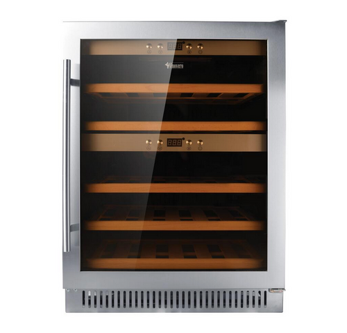 Stunningly store and display a wide variety of your finest wines with the Nella 40 Bottle Dual Zone Wine Cooler.

With a capacity of 40 bottles, this unit is perfect for restaurants, bars, and even liquor stores. Its eye-catching appearance helps merchandise your wine selection inside, drawing customers into your establishment.

Nella’s 32-inch tall wine refrigerator features two independently controlled cooling zones that let you store any type of wine at its ideal temperature. Both zones can be set to temperatures between 3°C and 22°C (37.4°F and 71.6°F) with an interior humidity of 40% - 60% in order to perfectly chill different varieties of wine.

The wine cooler features durable and strong beech wood shelves that can each accommodate 8 standard size wine bottles. Energy saving lights are present in both zones and can be turned on or off. Each zone also includes its own digital LED display for adjusting the temperature, lighting, and turning the power on and off.
Specifications
Model Number 	454444204526000
Width 	23.4 inches
Depth 	22.8 inches
Height 	32.3 inches
Voltage 	115V
Hertz 	60 Hz
Amps 	1.5 Amps
Wattage 	121 Watts
Number of Zones 	2
Temperature Range 	3°C - 22°C / 37.4°F - 71.6°F
Humidity 	40% - 60%
Bottle Capacity 	40
Door Type 	Glass
Door Style 	Swing
Refrigerant 	R134a
Controls 	Digital
Shelf Material 	Beech Wood
Type 	Wine Cooler