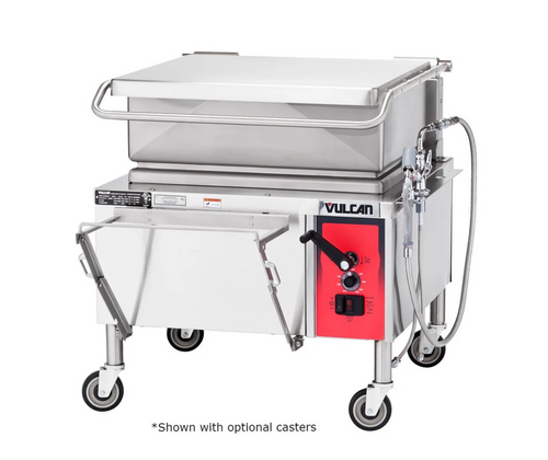 Cook large portions of ground meats, sauces, and vegetables with this Vulcan natural gas braising pan / tilt skillet!
This unit features a high-efficiency, high-output, 30 gallon design that allows you to create large batches of seared, grilled, sauteed, or simmered foods without the mess and inefficiency of stockpots and ranges. Integrally mounted solid state temperature controls, located on the front of the unit in the control housing for easy access, offer a 50-425 degree Fahrenheit range. With its durable construction and powerful and efficient design, this unit is a must-have for your commercial kitchen!