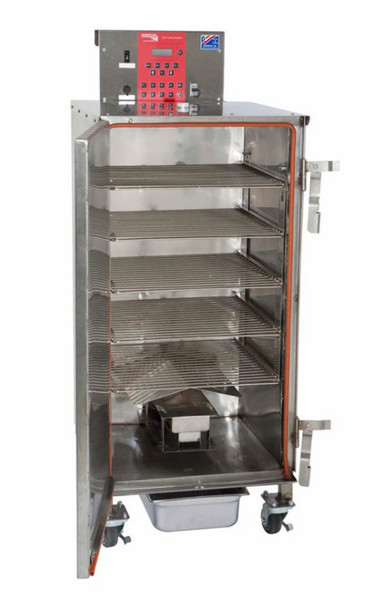 Model SM160 is ideal for operations which need to produce a moderate amount of smoked foods and/or barbecue.  
It produces hot or cold smoked foods by application of heat and wood smoke to meat, poultry, fish, and vegetables.  
The heating unit works only when the smoker door is closed.
Food cooks at a low temperature with no drying drafts of air moving through the smoker.  
The SM160 smoker is designed to be used inside with outside ventilation for smoke. 
Place under a hood, near an outside exhaust fan, or attach a Cookshack Smoke hood.  
Meat drippings exit the bottom of the smoker into a removable drip pan for clean, safe operation.  Inner accessories remove for easy cleaning.  
Safe, contained wood box slides out.