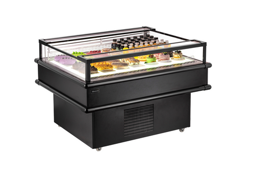 Product Overview
Elevate your bakery or dessert shop with our 50” Black Refrigerated Island Top-Open Showcase, a showcase of excellence in food presentation and preservation.

Chill with Precision: Maintaining your delectable creations at the ideal temperature is effortless with the temperature range of 2°C to 8°C (35.6°F to 46.4°F). Your cakes, pastries, and desserts will stay fresh, enticing, and ready for your customers to savor.

Efficient Power Management: Designed for efficiency, this display case operates at just 350W, making it an environmentally-friendly and cost-effective choice for your business. With a reliable 110V/60Hz/1Ph electrical system, you can trust that your food will stay at the perfect temperature.

Dazzling Illumination: Watch your creations shine under the brilliant internal LED illumination, which enhances the visual appeal of your products and makes them irresistible to your customers.

Digital Precision: Our digital temperature controller and display put you in control, ensuring that your desserts are maintained at the perfect temperature, while the ventilated cooling system evenly distributes cold air, preventing any hotspots that could compromise the quality of your treats.

Crystal Clear Showcase: The four sides of this display case are enclosed in layers of glass, with open top offering an unobstructed view of your desserts from every angle.

Designed for Desserts: Tailored for the unique needs of bakeries and dessert shops, this display case is the perfect canvas for showcasing your sweet masterpieces. 