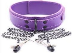 Purple Collar with Chained Nipple Clamps