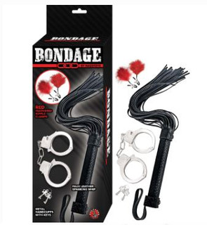 BONDAGE BY NASSTOYS WHIP, FEATHER & CUFFS-RED