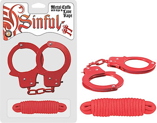 A photo of the Sinful Metal Cuffs with Keys & Love Rope - Red