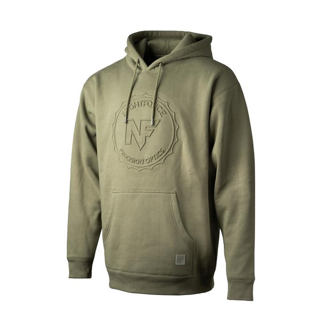 Front view of Nightforce Premium Heavyweight Cross-Grain Hooded Pullover in gunmetal silver, featuring a classic fit, branded trims, and a sturdy drawcord.