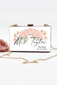 Personalized White Clutch Purse with Chain with Floral Design